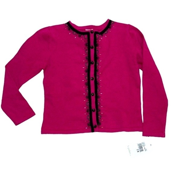 NWT Beaded Cardigan w/ Black Velvet Trim Pink Size 7/8 KC Parker by Hartstrings - Picture 1 of 10